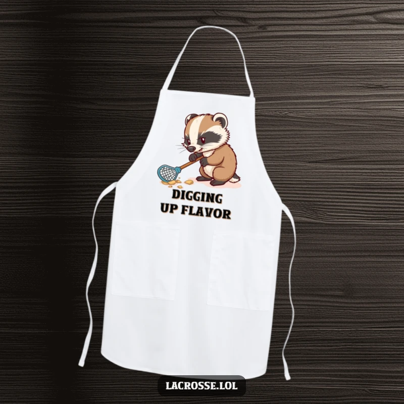 Funny apron featuring a tenacious badger digging with a lacrosse stick, perfect for kitchen humor and protecting clothes.