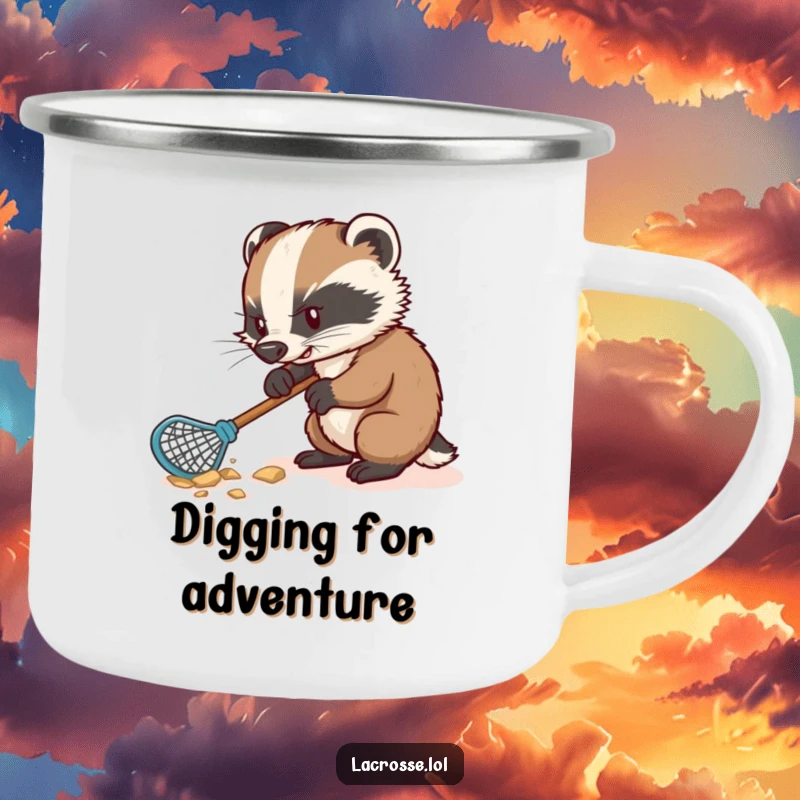 Funny camping mug featuring a determined badger digging with a lacrosse stick, built for outdoor fun and humor.