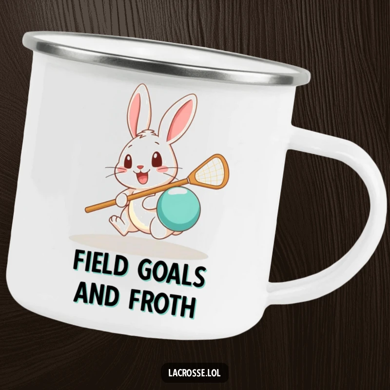 Funny camping mug showing a surprised rabbit trying to scoop a lacrosse ball, built for outdoor use.