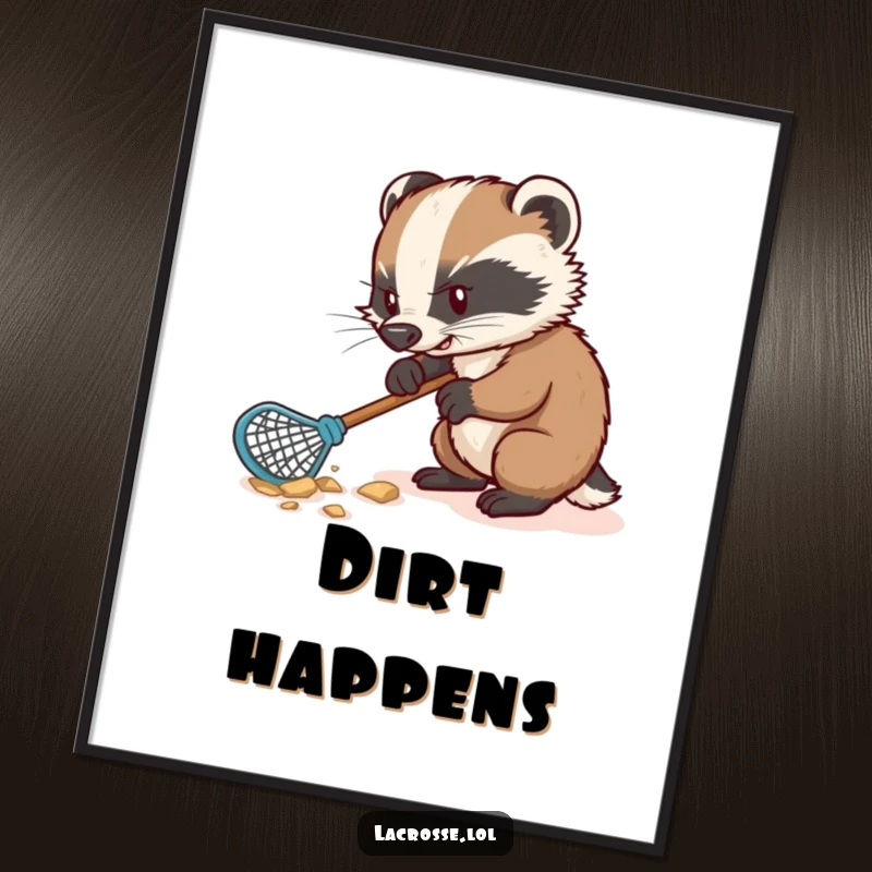 Funny digital art print of a determined badger digging furiously with a lacrosse stick, perfect for humorous home decor.