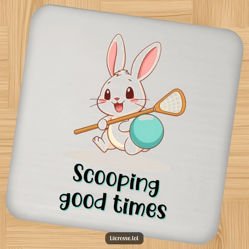 Funny drink coaster featuring a surprised rabbit attempting to scoop a lacrosse ball, providing surface protection with humor.