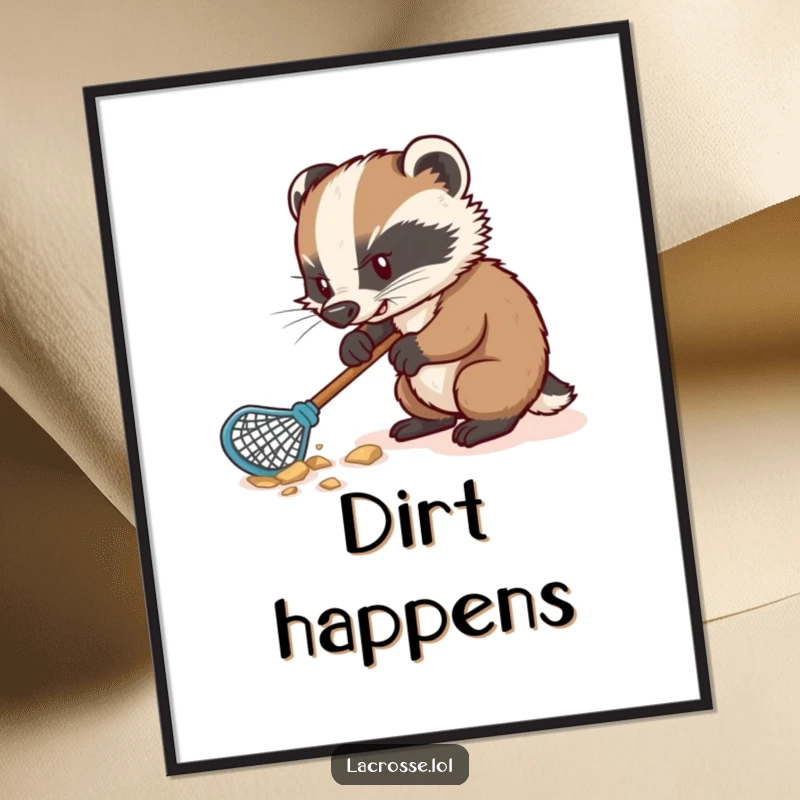 Funny poster print of a determined badger digging furiously with a lacrosse stick, a humorous and energetic piece of art.