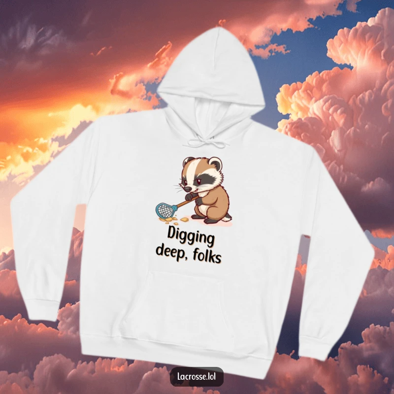 Funny hoodie with a determined badger digging with a lacrosse stick, offering warmth and a humorous, sporty visual.