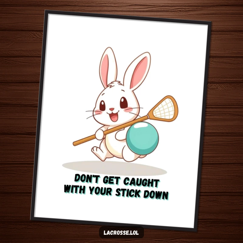 Funny Free Printable Wall Art: A cheerful rabbit looking surprised while playing lacrosse, scooping a ball with its stick.