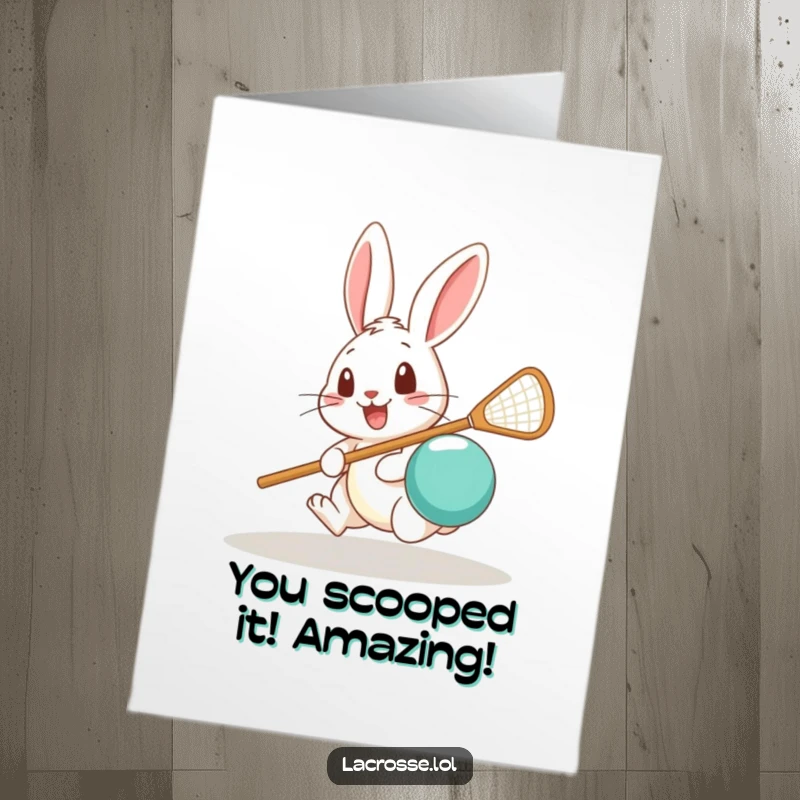 Funny Free Printable Congratulations Card: Cheerful rabbit looking surprised, scooping a lacrosse ball with its stick, celebrating a win.