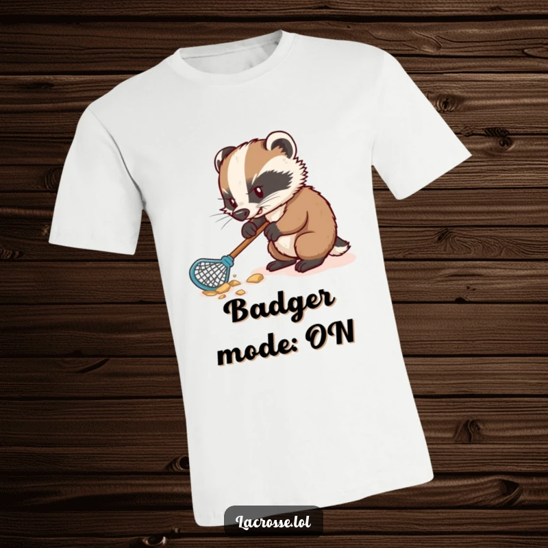 Funny t-shirt featuring a determined badger digging furiously with a lacrosse stick, capturing a moment of intense, humorous action.