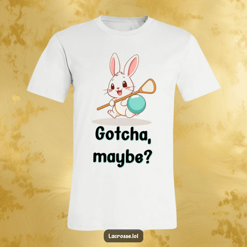 Funny t-shirt depicting a surprised rabbit trying to scoop a lacrosse ball, capturing a moment of delightful confusion.