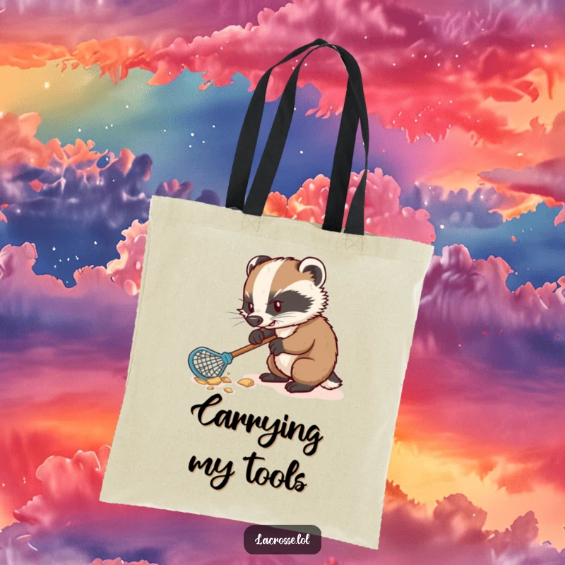 Funny tote bag showcasing a determined badger digging vigorously with a lacrosse stick, a humorous and practical accessory.
